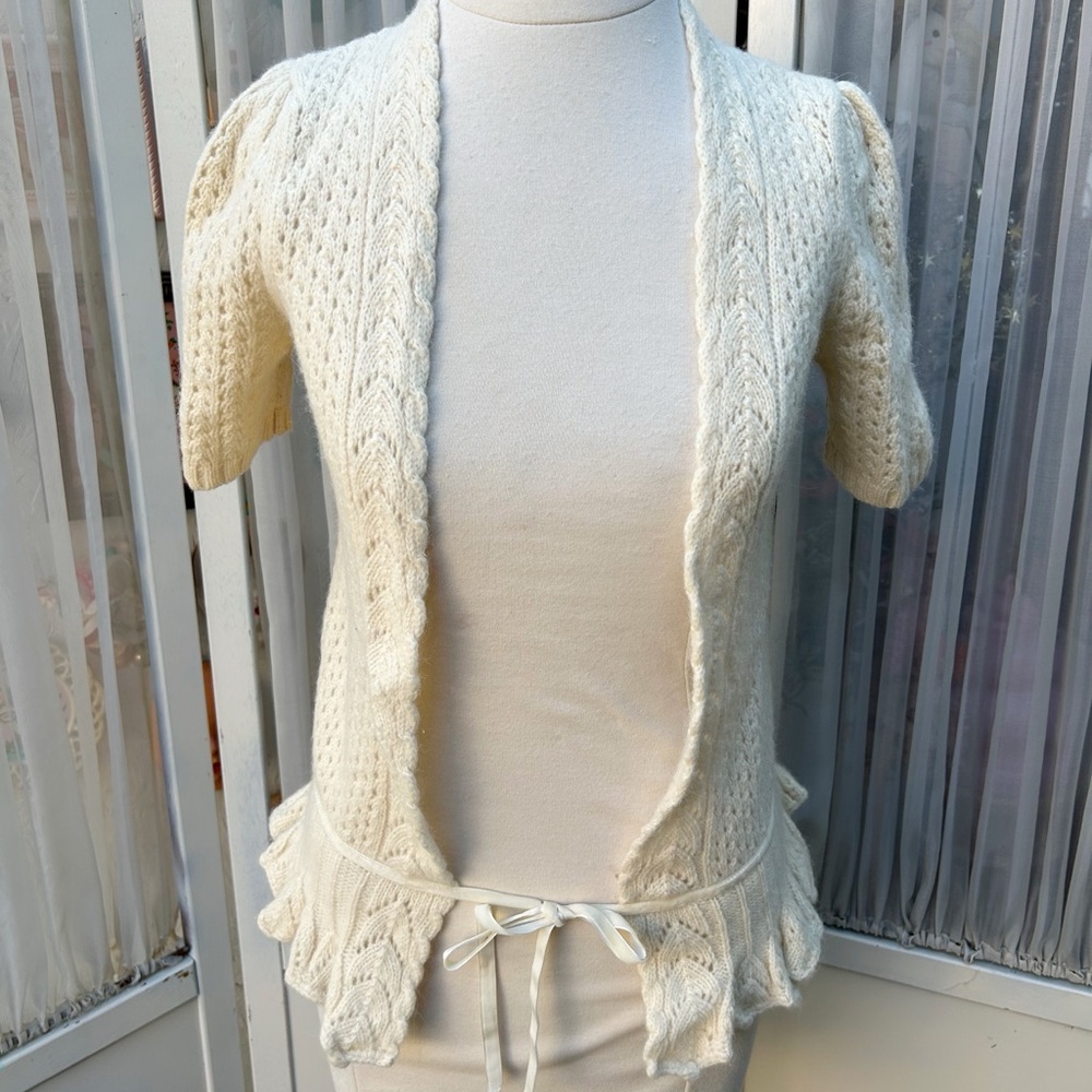 Ann Taylor Women’s Loft Cream Lambs Wool Angora Rabbit Hair Knit Open Sweater XS